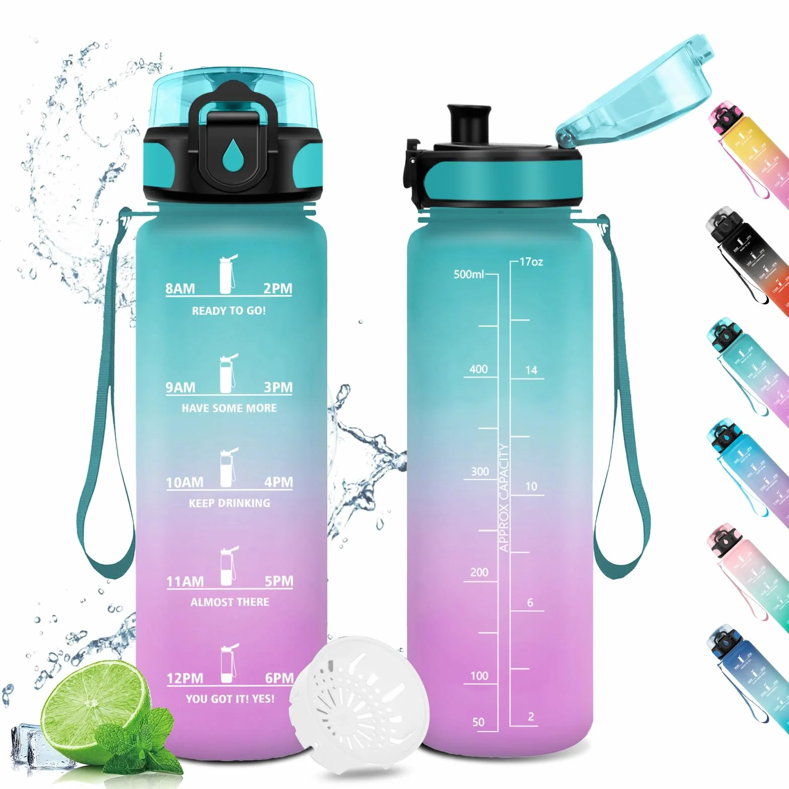 Borraccia 500ml con Indicatore del Tempo Motivazionale e Filtro, a Prova di Perdite per Bambini Sport Palestra Scuola