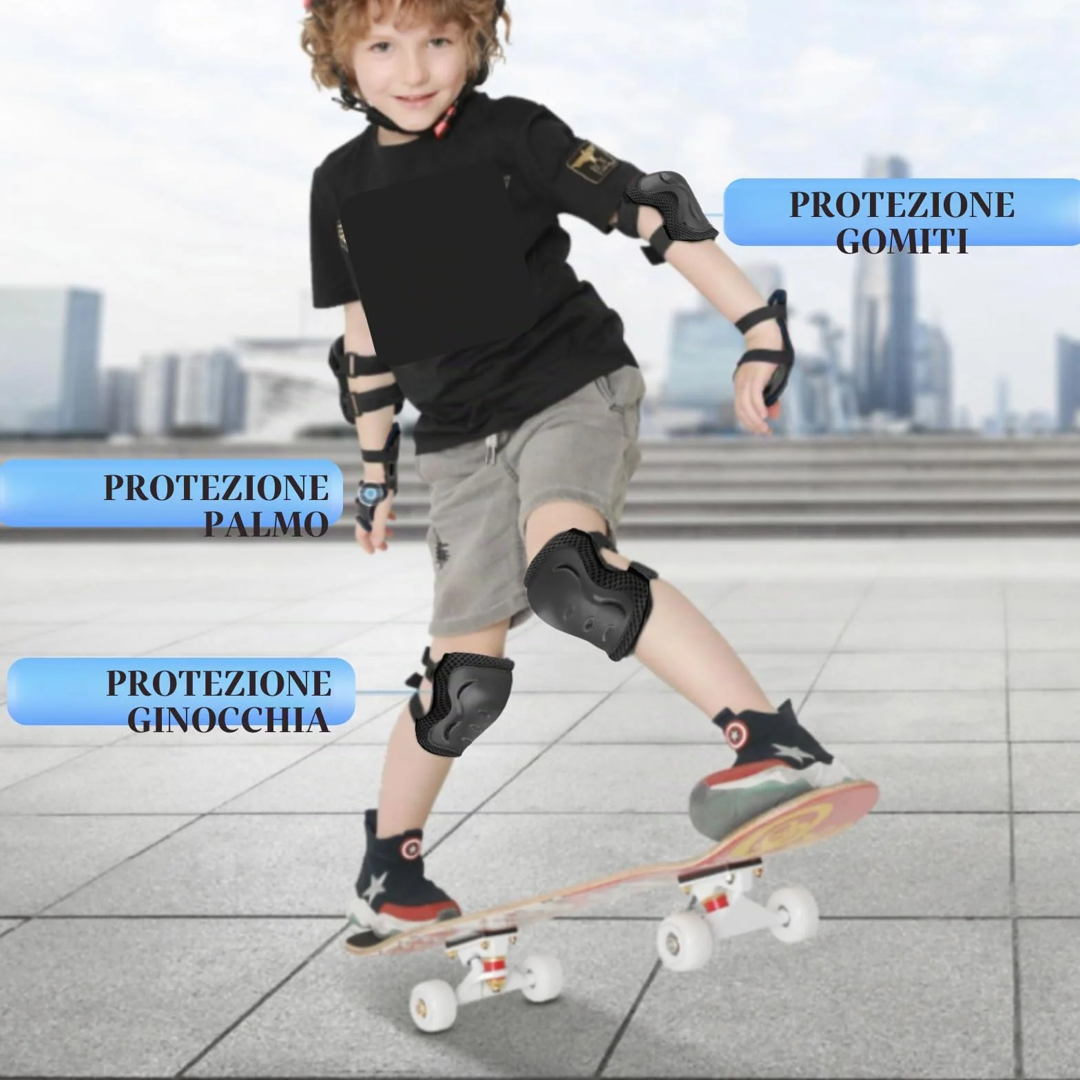 JSTHHTT Protezioni Skateboard Bambino,Set di Protezioni per Bambini,Protezioni Pattini Ginocchiere Gomitiere,Regolabile Ginocchiere Gomitiere per Skateboard Bicicletta Pattinaggio Monopattino Nero