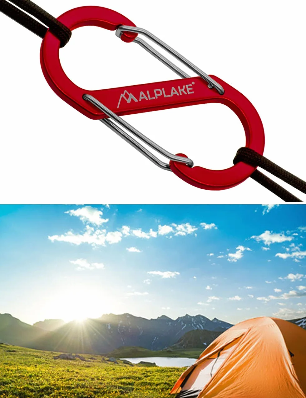 Set di 4 moschettoni in materia, doppi moschettoni, micro moschettoni, forma a S, 88 x 40 mm, rosso