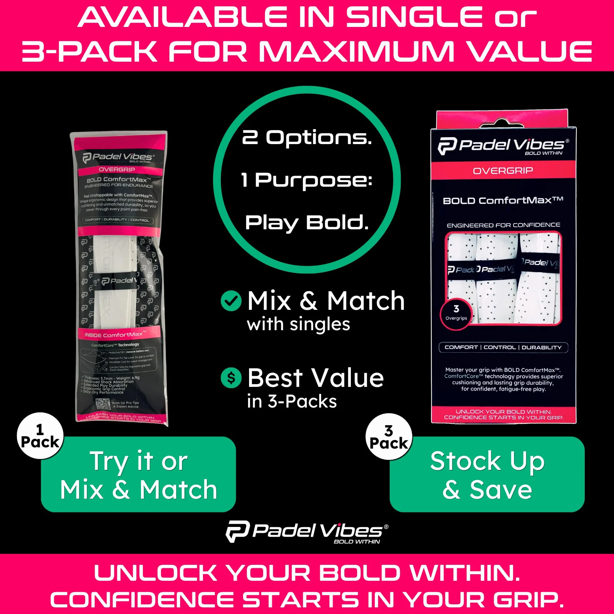 BOLD ComfortMax™ Overgrip perforato ergonomico per padel tennis badminton squash racketball antiscivolo