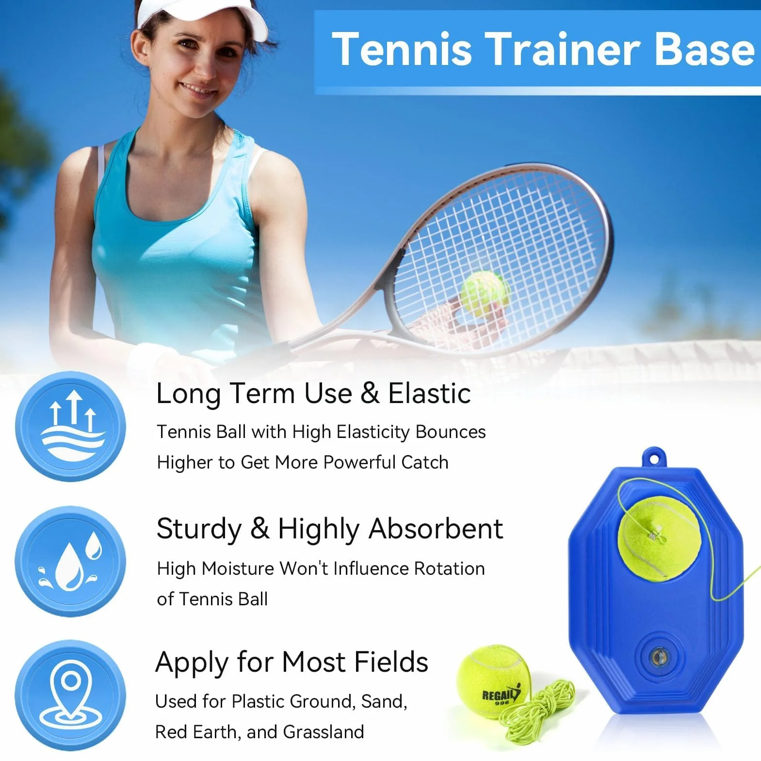 HERCHR Allenatore di Tennis Rimbalzo, Tennis Trainer Base Dispositivo di Allenamento per Tennis Ball Rebounder Attrezzatura da Tennis Portatile Auto-Pratica