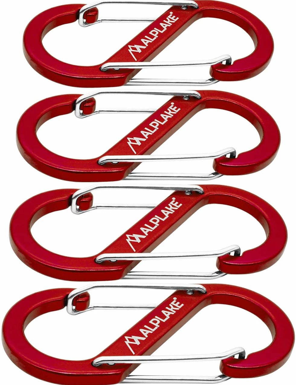 Set di 4 moschettoni in materia, doppi moschettoni, micro moschettoni, forma a S, 88 x 40 mm, rosso