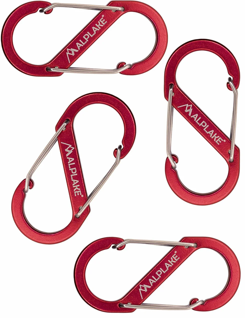 Set di 4 moschettoni in materia, doppi moschettoni, micro moschettoni, forma a S, 88 x 40 mm, rosso
