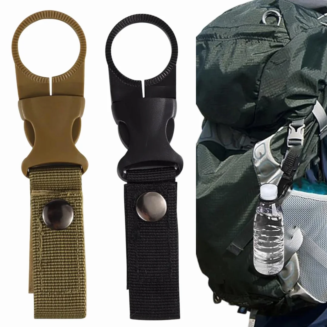Porta Borraccia Clip in Nylon per Cintura e Tasche, Ganci per Bottiglie d'Acqua con Moschettone, Accessorio Outdoor, Nero Khaki