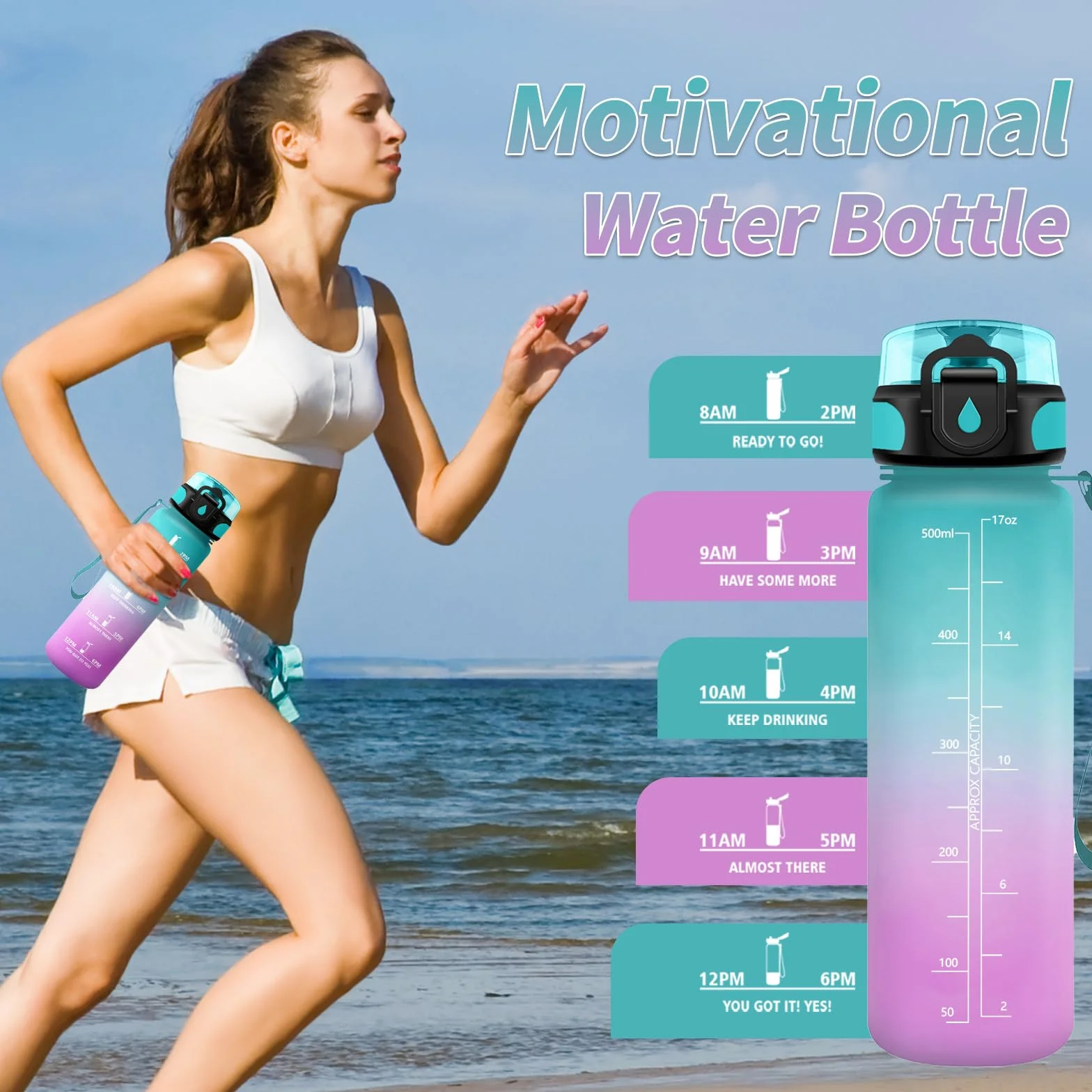 Borraccia 500ml con Indicatore del Tempo Motivazionale e Filtro, a Prova di Perdite per Bambini Sport Palestra Scuola