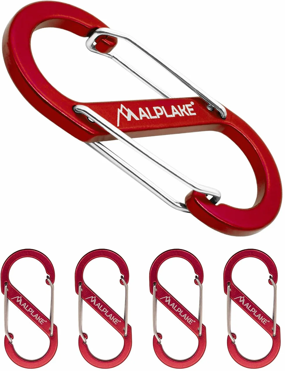 Set di 4 moschettoni in materia, doppi moschettoni, micro moschettoni, forma a S, 88 x 40 mm, rosso