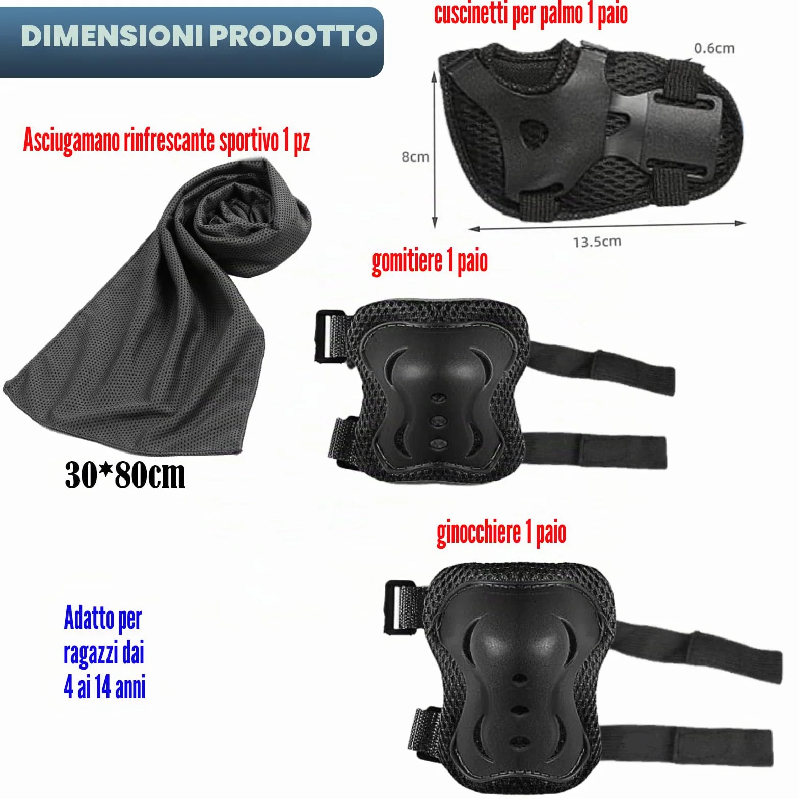 JSTHHTT Protezioni Skateboard Bambino,Set di Protezioni per Bambini,Protezioni Pattini Ginocchiere Gomitiere,Regolabile Ginocchiere Gomitiere per Skateboard Bicicletta Pattinaggio Monopattino Nero